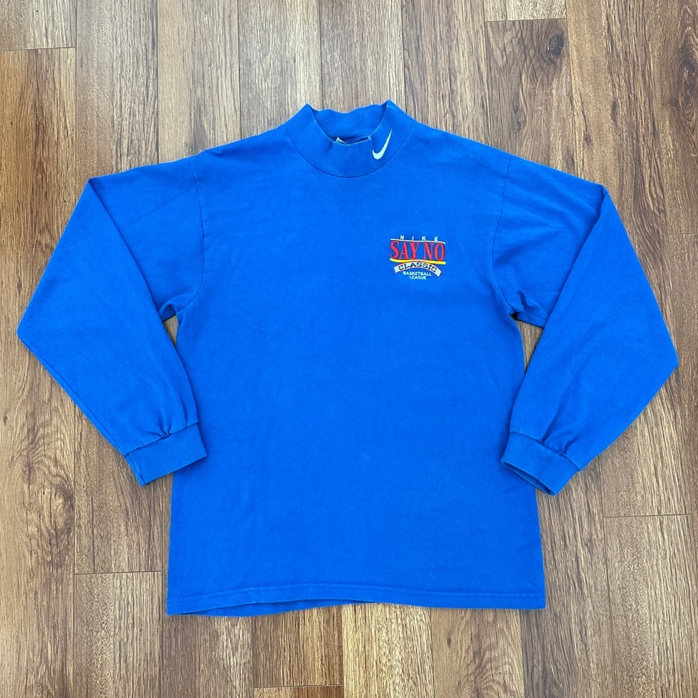 Vintage Nike Blue Mock Neck Long Sleeve T-Shirt Medium Say No Classic Basketball